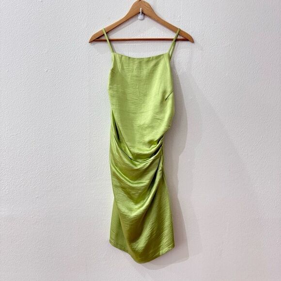 Lulu's Women's XL Captivated by Love Lime Green Satin Ruched Bodycon Mini Dress - Picture 3 of 14